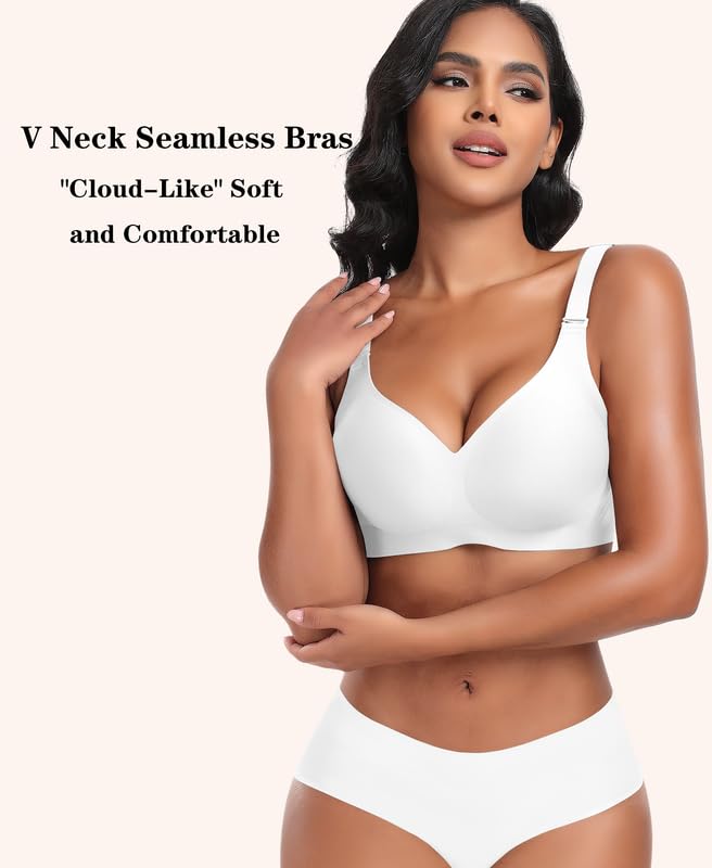 Image of DOCUMO Wireless Bras for Women No Underwire Seamless Push Up Bras with Support and Lift, V Neck Bralette with Bra Extender
