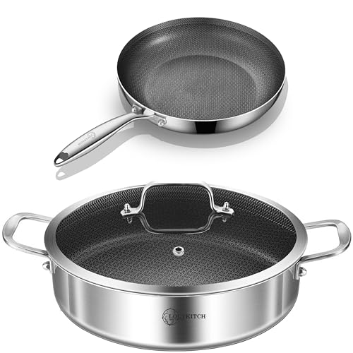 Image of LOLYKITCH 6QT Tri-Ply Stainless Steel Sauté Pan with Lid + 8" Nonstick Fry Pan Set, Detachable Handle, Induction Compatible, Oven-Safe, PFOA-Free Cookware for Searing, Frying & Everyday Cooking