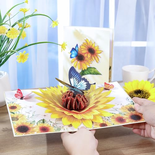 Image of Sunflower Pop Up Birthday Card, 3D Blue Butterfly Card for Women, Wife