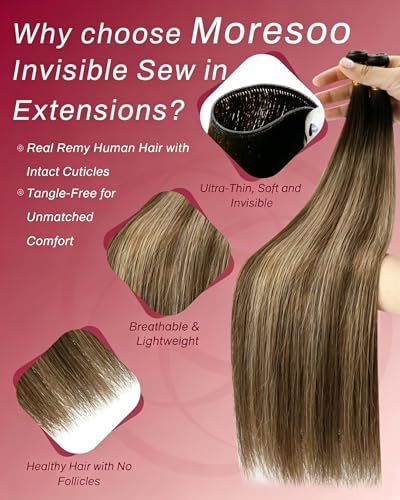 Image of Moresoo Genius Weft Hair Extensions, Balayage Black to Brown with Blonde | Crafted with Remy human hair, 18 Inch 50g, natural blend for parties, events and salon looks