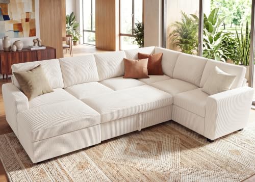 Image of HONBAY Corduroy Sectional Sleeper Sofa with Pull Out Bed, 7 Seaters 106 Inch U Shaped Setional Couch for Living Room, Beige