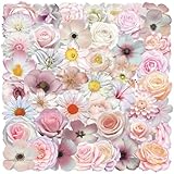 50PCS Pink Flower Stickers, Transparent Aesthetic Stickers for Scrapbook Supplies Cards Making Books Water Bottles Laptops, Romance Flower Decals for Girls