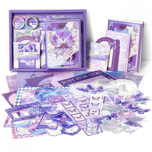 TIE-DailyNec 162 Stück Scrapbook Zubehör Set, Butterfly Journaling Zubehör, Vintage Scrapbooking Papier Ästhetisches, DIY Dekorative Papier Retro mit A6 Notizbuch