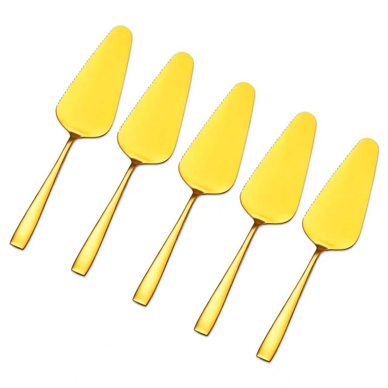 Kucensi Cake Server Set Stainless Steel, 5 Pieces Cake Shovel Stainless Steel Polished Cake Shovel Cake Knife with Serrated Edges, Cake Knife Set for Kitchens Restaurants Parties (Gold)