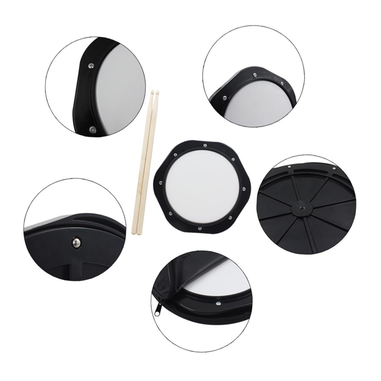 Pad da Allenamento Batteria 10 Pollici Tamburo Nero | Set 2 Bacchette e Borsa Portaoggetti Nera, Plastico, Lavorazione Tradizionale