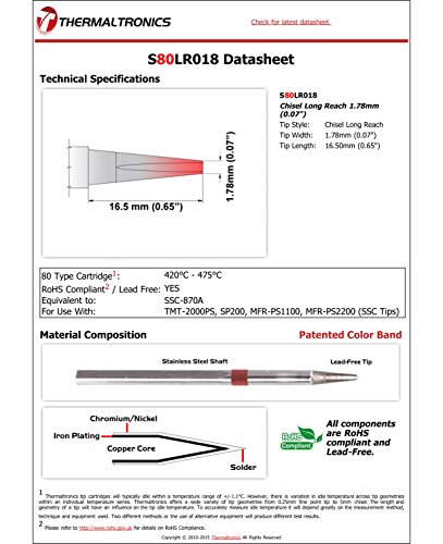 Image of Thermaltronics S80LR018 Chisel Long Reach 1.78mm (0.07in) interchangeable for Metcal SSC-870A
