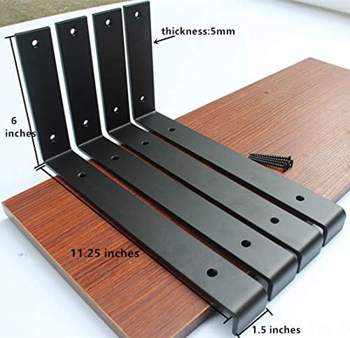 4 Pack - 11.25"L x 6"H x 1.5"W Lip Shelf Bracket Heavy Duty Rustic Industrial Farmhouse Iron Metal Wall Floating Shelf Bracket Metal Shelf Bracket, Industrial Shelf Bracket, Shelf Supports with Screws