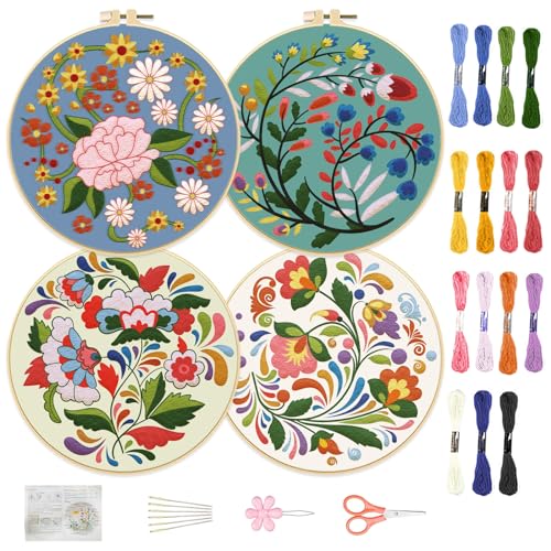 Image of FREEBLOSS 4 Set 8'' Beginners Embroidery Kit Artistic Flower Patterns Embroidery Starter Kit with Instructions Include Embroidery Fabric Embroidery Hoops and Threads for Hanging Decor