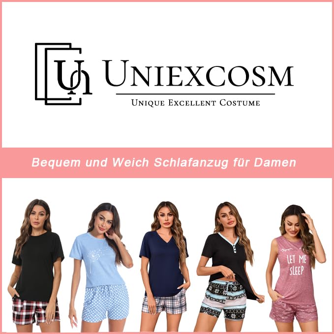 Uniexcosm Schlafanzug Damen Kurz Baumwolle Zweiteiliger Pyjama Set Kurzarm Nachtwäsche Wimperndruck Sleepwear Hausanzug Loungewear Stil 1:Marineblau L 5