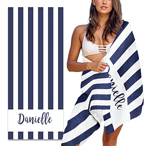 Personalized Beach Towel for Kids Custom Microfiber Beach Towels with Name Sand Free Pool Towel Quick Dry Blanket Stripes Print Beach Towels for Adults 30x60 Inch-Navy Blue