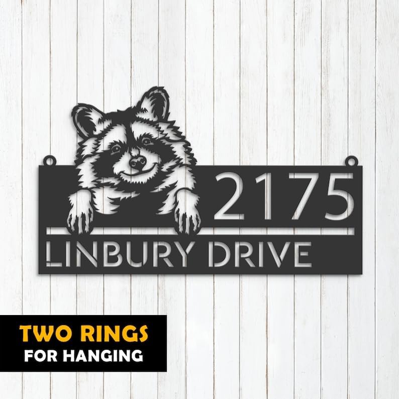 Personalized Raccoon Address Sign, 8x8 inch, Black Aluminum, Whimsical Style, Wall Mount, Lawn & Entrance Sign, 1 Count
