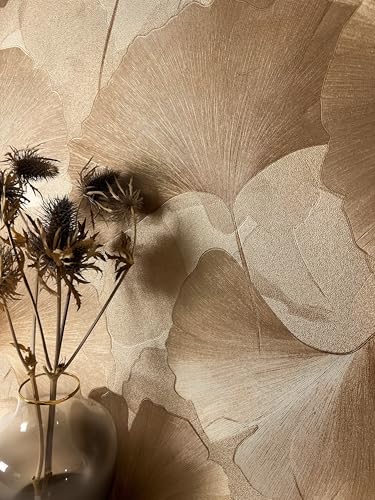 Newroom Papel Pintado No Tejido Dorado Hojas Ginkgo - Floral Vintage Aspecto Natural Ligeramente Brillante para Salón Dormitorio