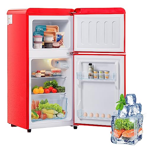 ZWJABYY Frigorífico/congelador Estilo Retro, 88,8 cm de Alto, 45,5 cm de Ancho, Dos Puertas, Volumen Total de 60 litros, Volumen del congelador de 22 litros, 102 kWh/año, luz LED Red