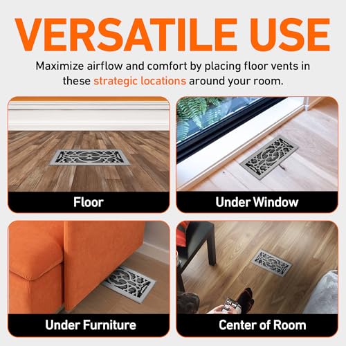 4X10 Floor Vent Cover Floor Register with Mesh Cover Trap, Heat and Air, Walkable Metal Floor Vent for HVAC Duct, Victorian, Light Grey