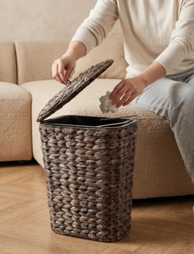 Image of Tidita 3 Gallon Large Wicker Trash Can with Lid, Boho Bathroom Garbage Can | Water Hyacinth Construction, Space-Saving Shape, Reinforced Inner Iron Frame, Removable Liner For Easy Emptying, Black Color