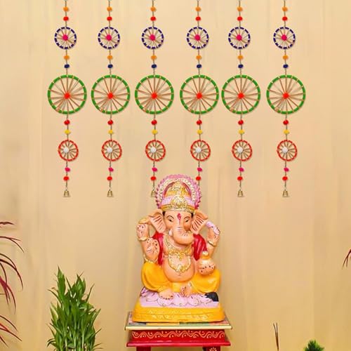 Image of eCraftIndia Multicolor Rings with Pom-Pom Tassels Bell Hangings (Pack of 6) Toran for Home Decor - Haldi Mehandi Wedding and Diwali Decoration Items.