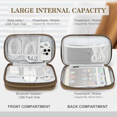 Image of FYY Electronic Organizer, Large Travel Cable Organizer Bag Pouch Electronic Accessories Carry Case Portable Waterproof Double Layers All-in-One Storage Bag for Cable, Cord, Charger, Phone, Brown