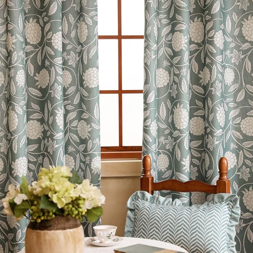Image of ISAENNE Designer Vintage Linen Printed Curtains,2 Panels,87 inchx53 inch-Andrew | Vintage Elegant Green Curtain with Grommet 87 inch long,Floral Pattern Draps,kitchen Bedroom Living Room Window Blackout
