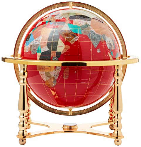 Unique Art 21-Inch Tall Red Lapis Ocean Table Top Gemstone World Globe With 4 Leg Gold Stand #TOP2