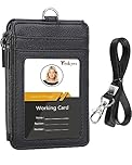 Teskyer Badge Holder with Lanyard, Slim Credit Card Wallets, Card Holder with Zipper Pocket, 1 ID Window, Holds up to 4 Cards, PU Leather, Black