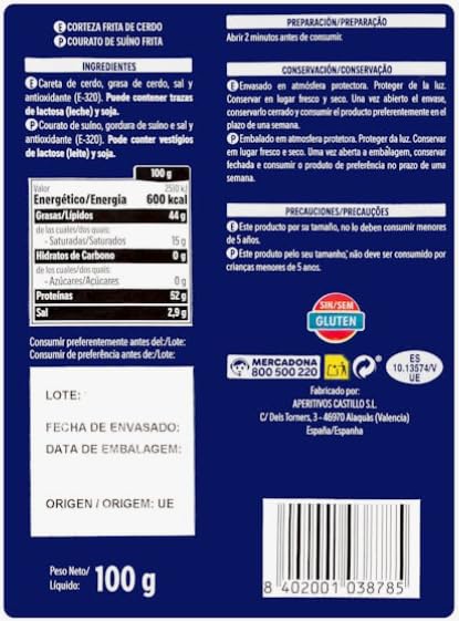 Hacendado Griaudes de Porc, Collation Croustillante, Couenne de Porc Frite, 100g, Sans Gluten PACK 6