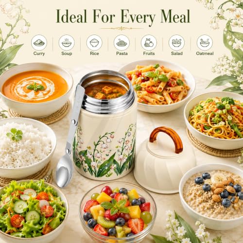 Image of Insulated Stainless Steel 1060ml Lunch Box with 350ml Tumbler | Leakproof Hot Cold Food Container | BPA-Free Cute Tiffin Box for Kids, School, Office, Travel, Picnic (Lily of the Valley Floral)