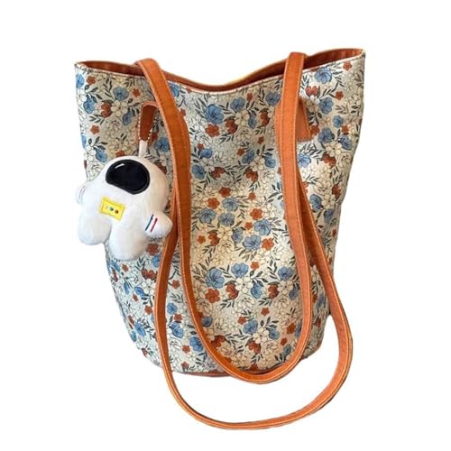 Women's retro floral large capacity single shoulder crossbody canvas tote lazy bucket bag