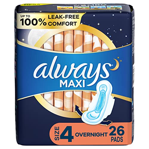 Always Maxi Feminine Pads For Women, Size 4 Overnight Absorbency, With Wings, Unscented, 26 Count