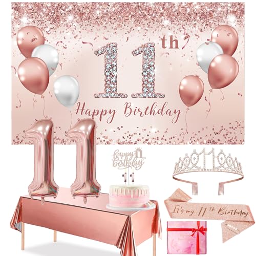 Trgowaul 11th Birthday Decorations Party Set for Girls, Rose Gold 11 Birthday Banner and Tablecloth, 11& Fabulous Sash and Tiara, 1PC Happy 11th Birthday Cake Topper, Pink Gold 11 Number Balloons