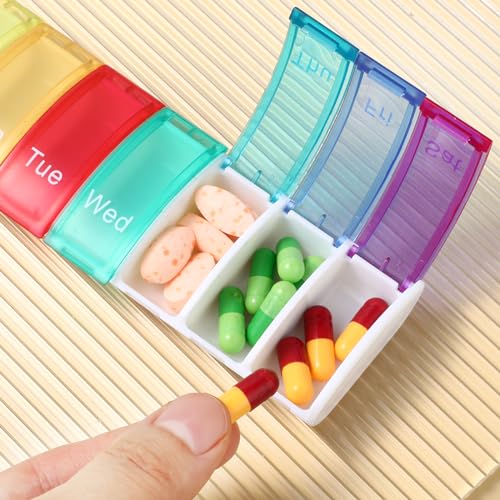 WLLHYF Pillenorganizer, wekelijkse pillendoos, 7 dagen, regenboogmedicijndoos, 7 compartimenten, pillendoosje, pillencontainers voor medicijnen, vitaminesupplementen, visolie - Afbeelding 4