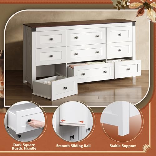 WLIVE Dresser for Bedroom, 63" Wide 9 Drawer Farmhouse Dresser Storage Organizer, Wood Chest of Drawers for Bedroom, TV Stand for 70 inch TV, for Living Room, Hallway, Ball Bearing Slide (White) - Image 6