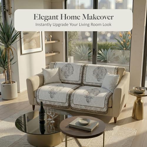 Image of Kuber Industries 2+1 Seater Sofa Cover | Velvet Slipcover for Living Room | Thick & Cozy | Non-Slip Comfort Sofa Cover Set | Digital Painting Juliet 1186 - Cream & Brown