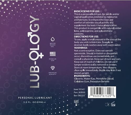 Lub-Ology Premium Water Based Personal Lubricant Gel | Long Lasting Hydrating Moisturizing Formula | Sex Lube For Men, Women And Couples | Vegan Friendly |3 Ounce Bottle | Lub-Ology #TOP3