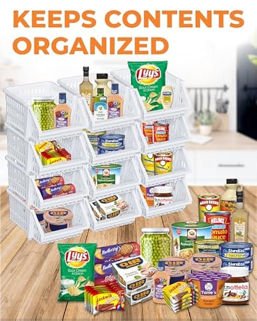 TidyFriend Small Plastic Stackable Storage Bins for Pantry, 4-Pack Small Open Front Storage Bins, Toy Organizers, Kitchen, Bathroom Essentials (White)