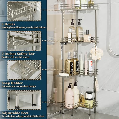 Image of Consumest Corner Shower Caddy Standing - 4-Tier Stainless Steel Shower Organizer with Soap Holder and 4 Hooks, Large Capacity Corner Shelf Stand for Bathroom, Rest Room, Sand Nickel