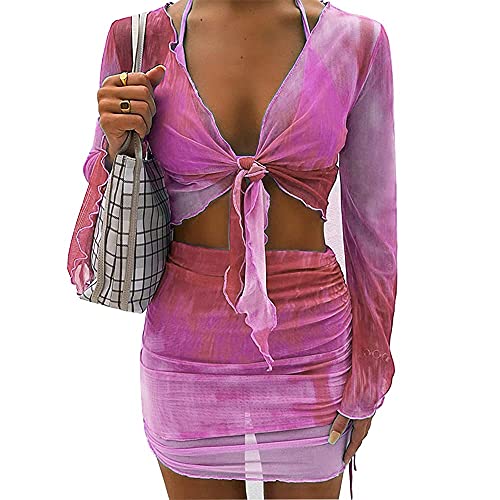 Image of Women's Sexy Long Sleeve 2 Pieces Sheer Mesh Cover Up Dress Crop Top Bodycon Ruched Y2K Mini Skirt Sets