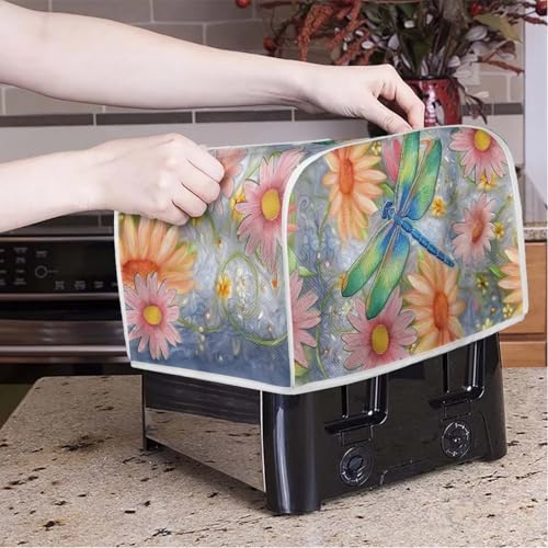 Image of Talayituse Dragonfly Daisy Flower Print Toaster Cover 2 Slice Wide Slot, Lightweight Bread Maker Cover Dust Protection Washable Appliance Bag, S