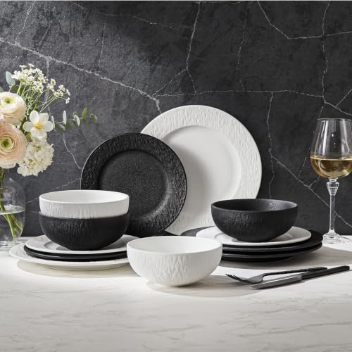 Black & white Dinnerware Sets for 4, 12-Piece plates and bowls sets
