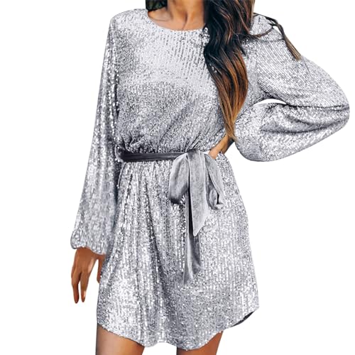 Robe de cocktail de mariage pour femme avec manches longues et paillettes