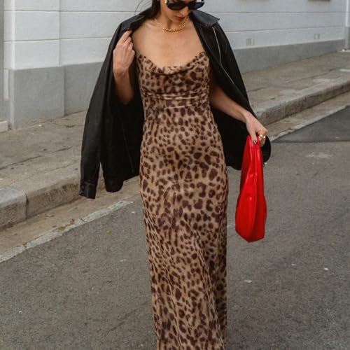 Image of Women's 2025 Summer Dresses Floral Bodycon Maxi Dress Spaghetti Strap Backless Cocktail Party Long Dresses