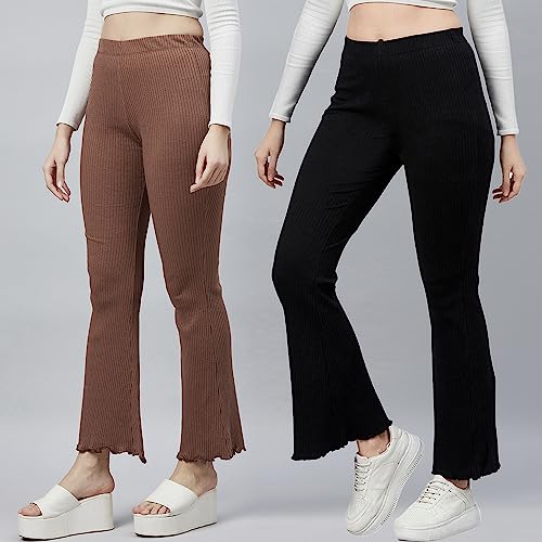 Image of BLINKIN Women's Stretch Fit Mid Rise Ribbed Stretchable Flared Pants | Boot Cut Bell Bottom Pants - Ideal for Yoga & Gym Wear,Casual Wear & Office Wear Trousers