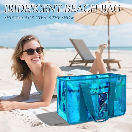 Image of Fammart Iridescent Clear Beach Bags Waterproof Sandproof for Women, Large Jelly Tote Zipper Pool Bag Cruise Essentials 2026