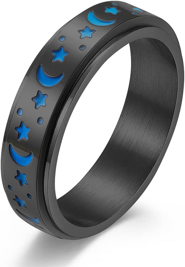 Stainless Steel Spinner Ring Luminous Glow Moon and Star Fidget Stress Relief Anxiety Rings for Women Men Size 4-12