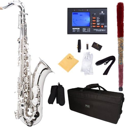 Mendini By Cecilio Tenor Saxophone for Beginner Musicians - Silver Nickel | B Flat Saxophone with Hard Case, Tuner, Mouthpiece, 10 Reeds, Polishing Cloth, Cleaning Rod, Gloves, Strap