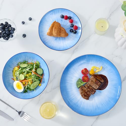 Image of Bestone Porcelain Dinnerware Sets Service for 4, 12 pcs Hand drawn Plates and Bowls Sets, Handmade Ceramic Dish Set, Chip Resistant Modern Plate Set, Dishwasher /Microwave Safe,Starburst blue