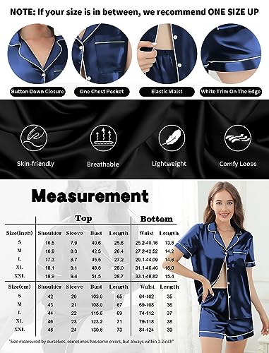 Image of Silk Pajamas for Women Satin Womens PJ Set 2 Piece Short Lounge Set Summer Sleepwear Notch Collar Button-Down Pjs