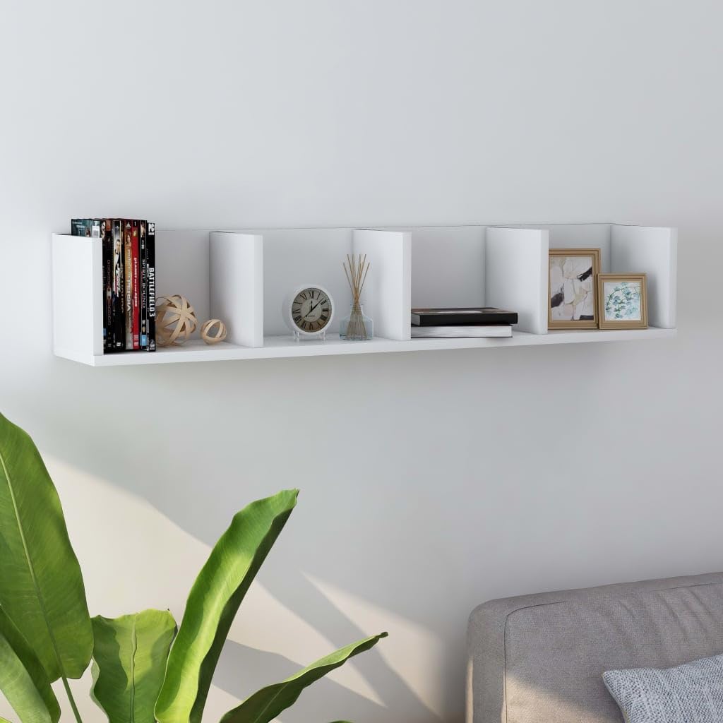 Mensola da parete per CD bianco in legno 100 x 18 x 18 cm con 4 scomparti per CD DVD e accessori, robusta mensola sospesa da parete per soggiorno, ufficio e cucina