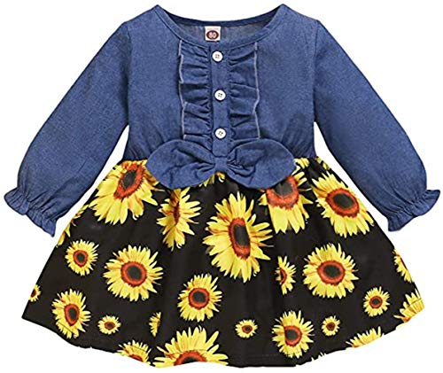 Toddler Baby Girl Sunflower Dress Denim Ruffle Floral Spring Summer Dresses Outfits for Toddler Girls (Black-Long Sleeve, 12-18 Months)