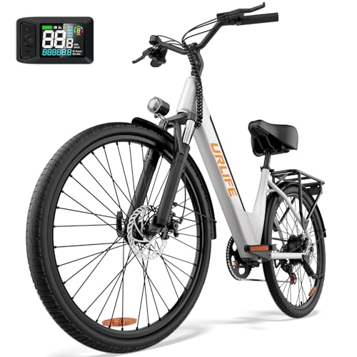 URLIFE Bici Elettrica Per Adulti Da 26', Bicicletta Elettrica con display LCD, 7 Velocità Batteria Rimovibile 36V 13Ah Autonomia di 80 km, E-bike Per Pendolari Urbani Bianco