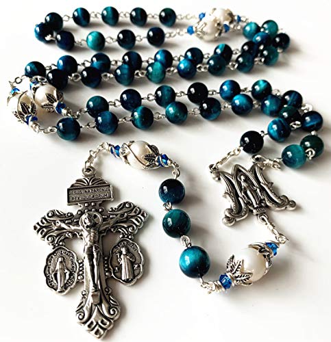elegantmedical HANDMADE Peacock Blue Tiger Eye Beads Prayer Beads & (AAA) 10mm Pearl Catholic 5 Decade Rosary Cross Necklace Gift Box Italy Parden Crucifix4